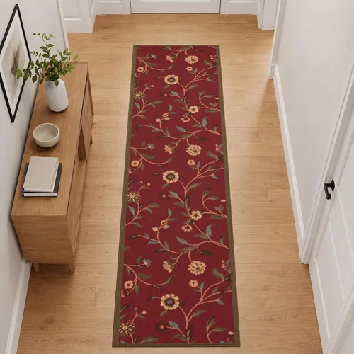 Vista 26 de Ottomanson, colección OttoHome, tapete para corredor con diseño azul claro y damasco (antiderrapante), parte trasera de goma Floral Beige
