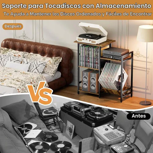 Vista 6 de HYPIGO Soporte para tocadiscos con tomas de corriente, soporte para tocadiscos con almacenamiento de discos de vinilo con capacidad para más de 300