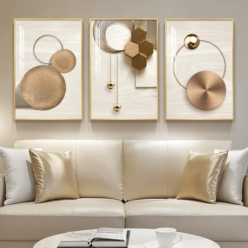 Vista 18 de Arte de pared moderno enmarcado en blanco y negro, 3 piezas de impresiones contemporáneas grandes para paredes, juego de 3 imágenes de hojas doradas