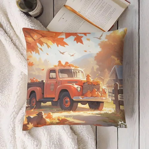 Vista 4 de Funda de cojín decorativa de árbol de arce y camión de Acción de Gracias, otoño, Acción de Gracias, calabaza, fundas de cojín cuadradas suaves