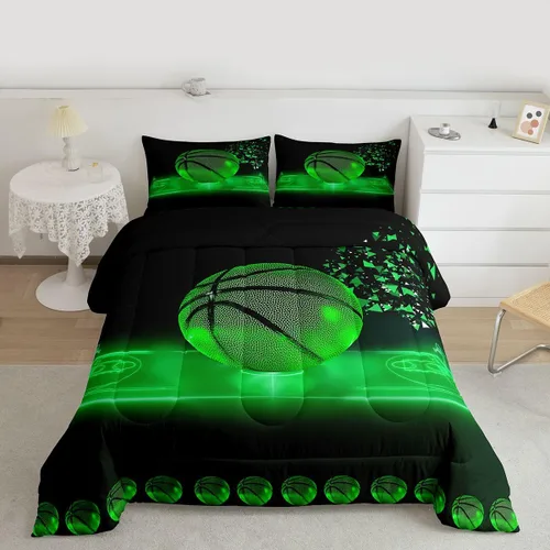 Vista 2 de Erosebridal Juego de edredón de baloncesto, tamaño individual, juego de ropa de cama deportiva de neón para niños, niñas, adolescentes, color verde