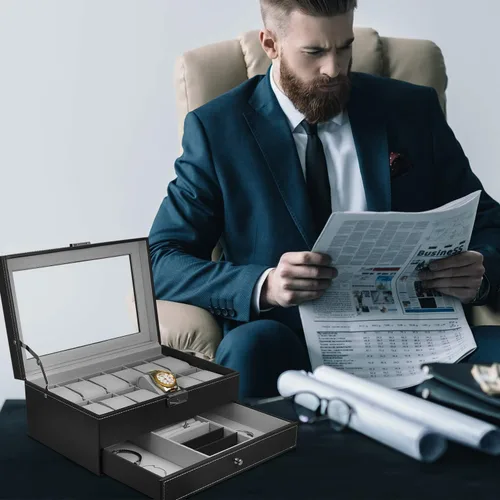 Vista 8 de Hossejoy Caja de reloj de cuero con 12 organizadores de relojes para hombre con cajón de exhibición de joyas organizador de caja de reloj