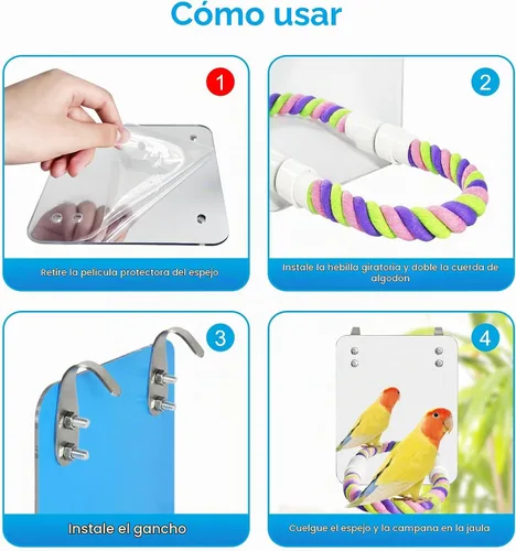Vista 3 de Espejo de pájaro de 5.9 pulgadas con cuerda, perca, juguetes para pájaros, perca cómoda para grises, amazonas, periquitos, cacatúas, conure