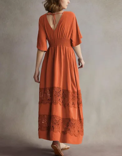 Vista 4 de Vestido largo de encaje para mujer de manga corta y cuello en V, vestido de fiesta estilo bohemio con cintura fruncida, vestido bohemio para mujer