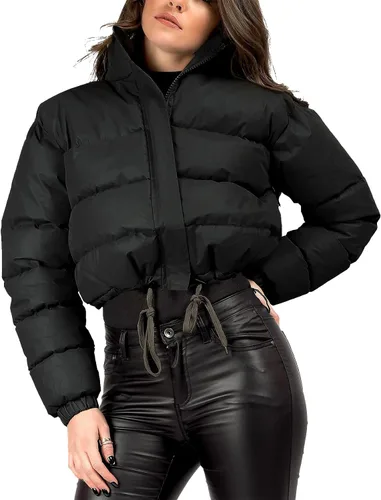 Vista 3 de Arssm Chaqueta acolchada recortada para mujer, ligera, de invierno, abrigos, abrigos, con cordón, acolchados, ropa de abrigo