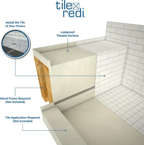 Vista 5 de Tile Redi RT3048L-SQPC-RB30-KIT - Sartén y banco de ducha con drenaje izquierdo, base de ducha de un solo bordillo, banco, drenaje de PVC de 2 Cromo