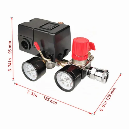 Vista 4 de Válvula de control del interruptor de presión del compresor de aire, 90-120 PSI con regulador y manómetro, 4 puertos 1/4" NPT con válvula