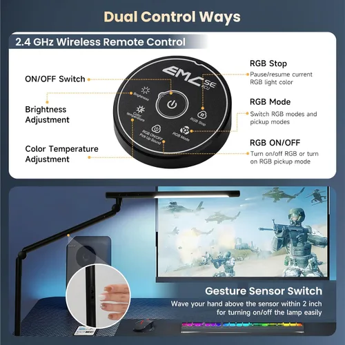 Vista 5 de Lámpara de escritorio LED con abrazadera, luz de escritorio de arquitecto de doble luz de 18 W, interruptor de sensor de luz RGB con brazo oscilante