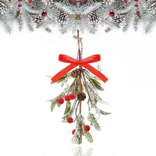 Vista 15 de Giegxin 1 pieza Adorno de Navidad Artificial de Muérdago Colgante con Lazo Rojo Bouquet de Adornos Colgantes de Navidad Floral con Piñas Naturales