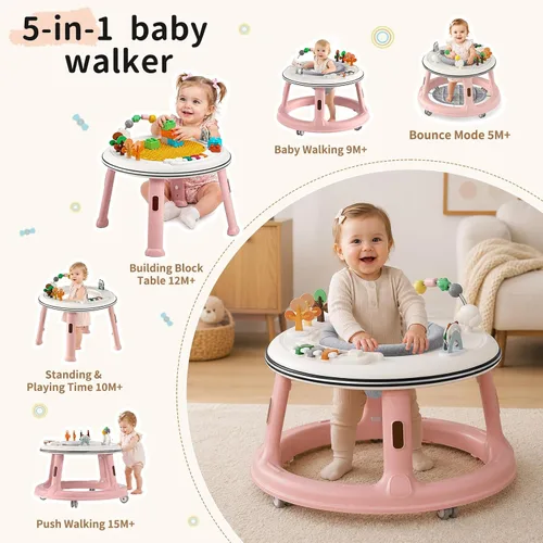 Vista 2 de Andador de bebé 5 en 1 con ruedas, gorila, andador de empuje y mesa de Rosa claro