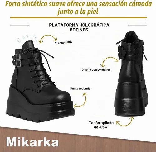 Vista 3 de mikarka Botas holográficas de plataforma para mujer, con cordones en el tobillo, con tachuelas y hebilla, góticas, de cuña apilada, botines de Cuña