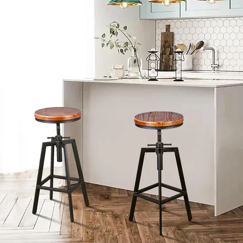 Vista 2 de Taburetes de bar industriales, silla de comedor de cocina, taburete de metal de madera, silla giratoria de altura ajustable, negro, juego de 2