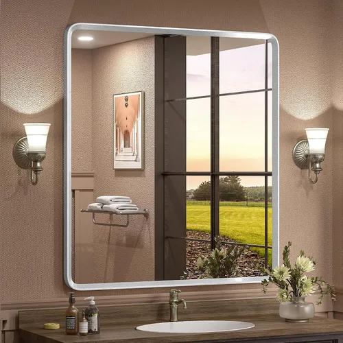 Vista 34 de Espejo rectangular con marco mate negro de 20x30 pulgadas para baño, espejo de tocador para pared de baño con esquinas redondeadas, antióxido y a