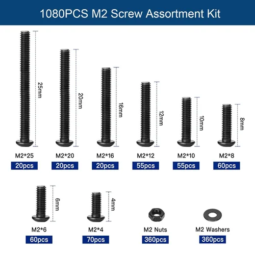 Vista 2 de Kit surtido de tornillos M2 de 1080 piezas, tornillos M2 M2x4/6/8/10/12/16/20/0.984 in, tornillos M2 de cabeza de botón hexagonal métrica de acero