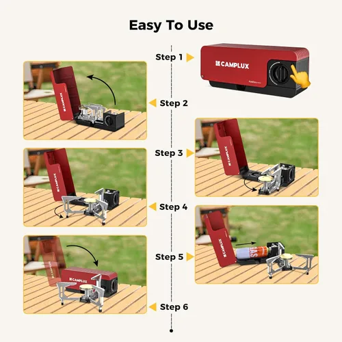 Vista 6 de Estufa de camping plegable CAMPLUX FoldGo, 7500 BTU, estufa portátil de gas butano, estufa plegable con cassette con bolsa de transporte y quemador