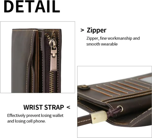 Vista 6 de Cartera de cuero de grano completo con bloqueo RFID para hombres con ranuras para tarjetas, bolsillo para monedas, ventana de identificación