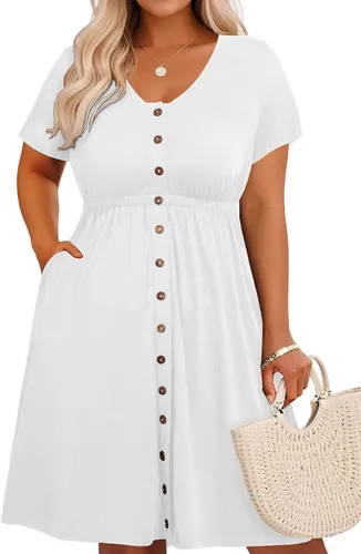 Vista 38 de Holipick Vestidos de verano para mujer, talla grande, casual, con bolsillos, acampanado, con botones, sin mangas, cuello en V