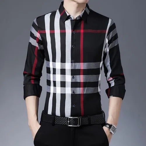 Vista 2 de Camisa de manga larga para hombre de primavera y otoño, a cuadros, casual, holgada, con solapa