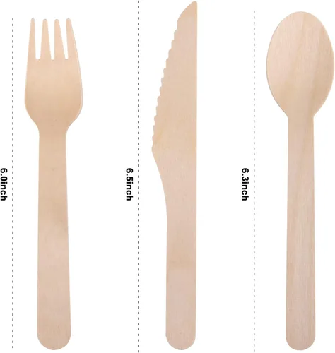 Vista 2 de Cubiertos de madera desechables, alternativa a los cubiertos de plástico, juego de 50 utensilios de madera, ecológicos, biodegradables