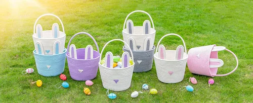Vista 7 de CubesLand Cesta de Pascua para niños y niñas, cesta de conejo de Pascua con orejas de conejo, cesta de caza de huevos de Pascua, cestas de Pascua