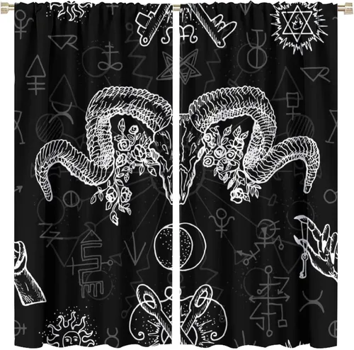 Vista 33 de BAEKJIN Cortinas de cabeza de cabra, diseño de calavera malvada, bruja, símbolo misterioso, bolsillo para barra, cortinas opacas para ventana, juego