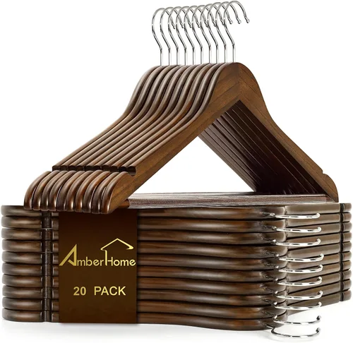 Vista 10 de Amber Home Perchas de madera maciza para trajes, paquete de 30 perchas de madera con acabado negro liso con barra antideslizante para pantalones