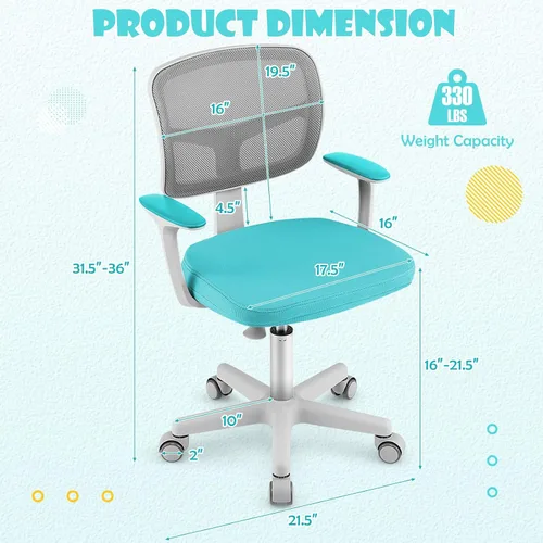 Vista 3 de GLACER - Silla de escritorio para niños, silla de estudio de malla ajustable con ruedas (verde) Swivel Ergonomic Computer Task Chair with Arms