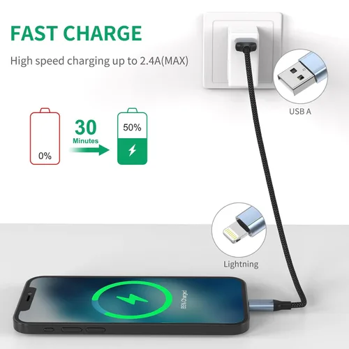 Vista 2 de 6 Inch Short Lightning Cable Fast Charging 0.5FT USB to Lightning Cable MFi Certified, Nylon Braided, Zero Excess Slack, Hassle-Free Design for