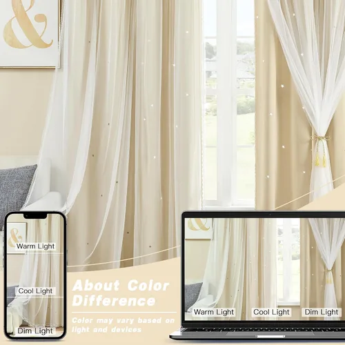 Vista 8 de XiDi - Cortinas beige con superposición transparente para sala de estar y dormitorio, ventana pequeña, 2 paneles, 80% de oscurecimiento, cortinas