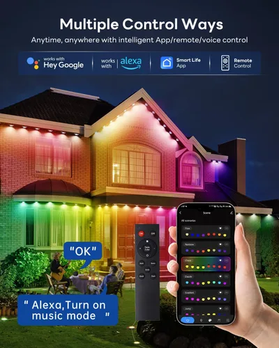 Vista 3 de Pak Luces exteriores permanentes, 50 pies de luces LED RGB+IC inteligentes para la casa - Luces de cornisa impermeables IP67 para Halloween, Navidad