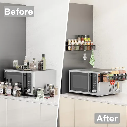 Vista 7 de Aufworld Estante magnético para especias para refrigerador, paquete de 2 estantes magnéticos, organizador magnético para refrigerador con 4 ganchos