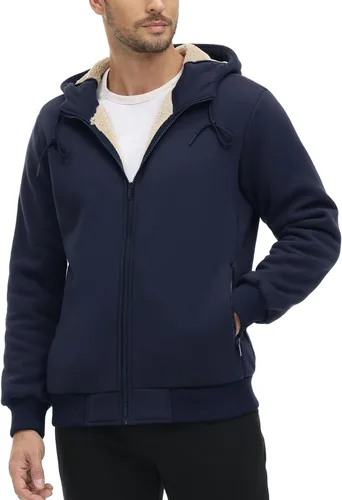 Vista 2 de CRYSULLY Chaqueta con forro de sherpa para hombre, con cremallera completa, sudadera con capucha para invierno
