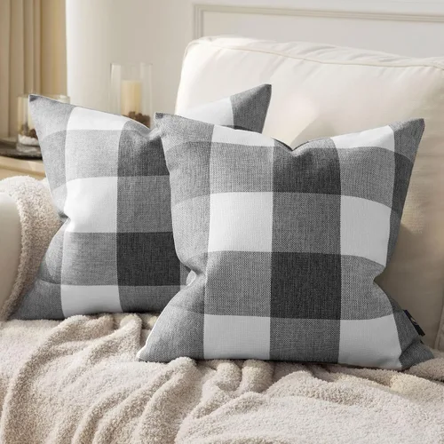 Vista 17 de Phantoscope - Juego de 2 fundas cuadradas para almohada o cojín, para decoración del hogar, diseño de cuadros de búfalo, negro y gris, 18 x 18