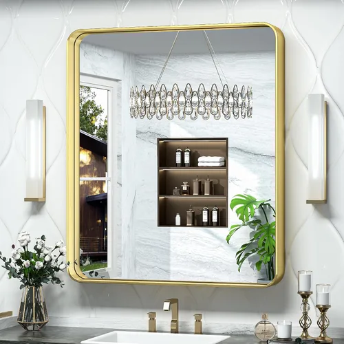 Vista 39 de TokeShimi Espejo de pared de baño de níquel cepillado de 20 x 30 pulgadas, marco de metal, esquina redonda, rectangular, para decoración del hogar