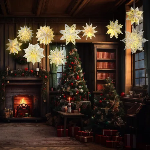 Vista 7 de Mudder 10 piezas de linterna de papel copo de nieve, linterna de papel estrella con 14 luces LED, lámpara de papel, decoración colgante de fiesta