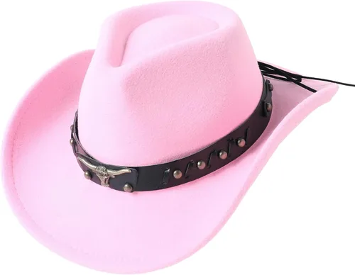 Vista 9 de Jastore Sombrero de vaquero occidental para niños y niñas, clásico vaquero con cinturón de hebilla Beige