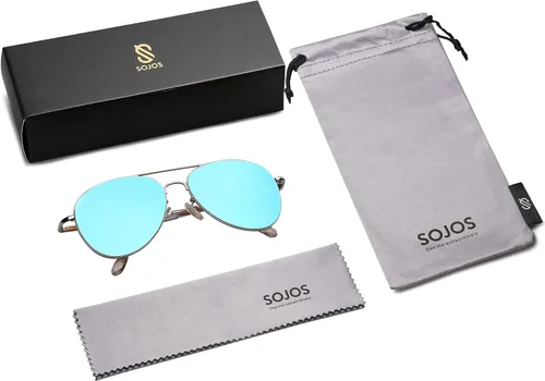 Vista 6 de SOJOS Gafas de sol clásicas de aviador para mujeres y hombres, marco de metal, bisagras de resorte SJ1030 Azul