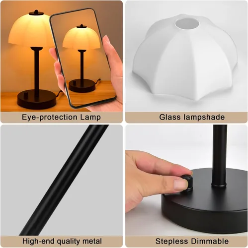 Vista 6 de Lámpara de mesa con pantalla de vidrio para dormitorio, lámparas de noche regulables continuas, lámpara de mesa pequeña con pantalla de vidrio