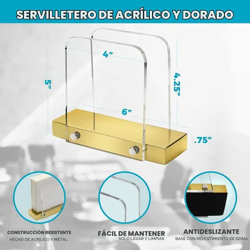 Vista 3 de Servilletero moderno para cocina, servilletero de pie para mesas, acrílico transparente y base de acero dorado, decoración de cocina y comedor