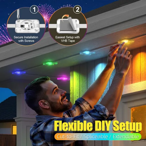 Vista 3 de Luces permanentes para exteriores, 50 pies, RGB+IC alero para casa IP67 Waterproof Smart LED Outdoor Lights with 16M Colors, App/Remote Control