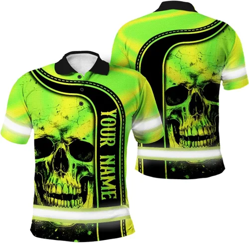 Vista 10 de Maddly Polo de alta visibilidad con diseño de calavera y bandera de Estados Unidos, ropa de trabajo patriótica con nombre personalizado