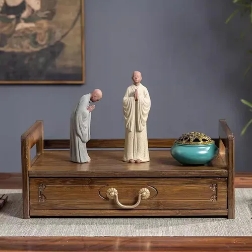 Vista 8 de HM&DX Mesa de meditación de altar con cajón de almacenamiento, mesa de altar espiritual de bambú, mesa budista relajante para oraciones