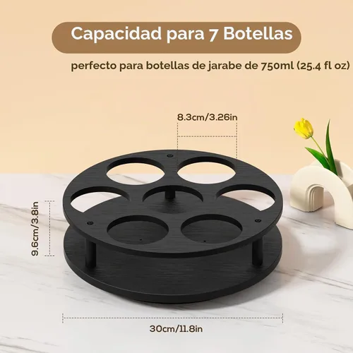 Vista 4 de THYGIFTREE Organizador giratorio de jarabe de café con 7 botellas, soporte de botellas de jarabe de madera para mostrador, soporte para barra