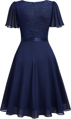 Vista 6 de MISSMAY Vestido de cóctel de encaje con cuello en V y mangas con volantes retro