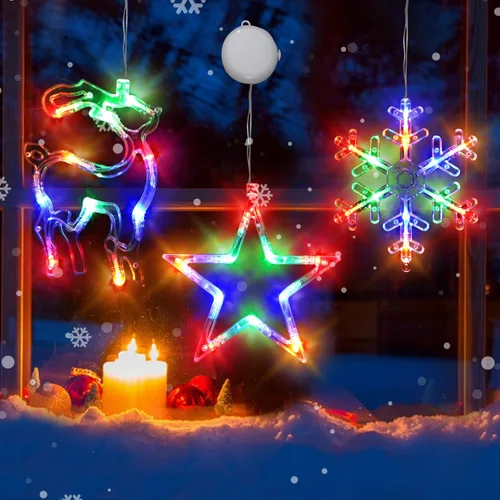 Vista 8 de 3 piezas de luces de ventana de Navidad - Decoraciones de ventana de Navidad con pilas con luces en forma de árbol, copo de nieve y estrella