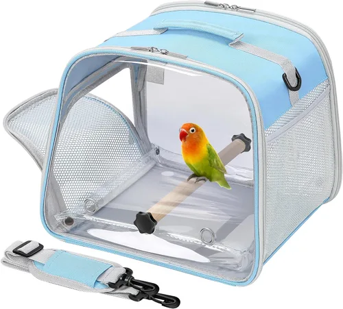 Vista 9 de Portador de pájaros pequeño, jaula de viaje con ventana grande con soporte y bandeja fácil de limpiar para cacatúas loro, periquito, ligero y Negro