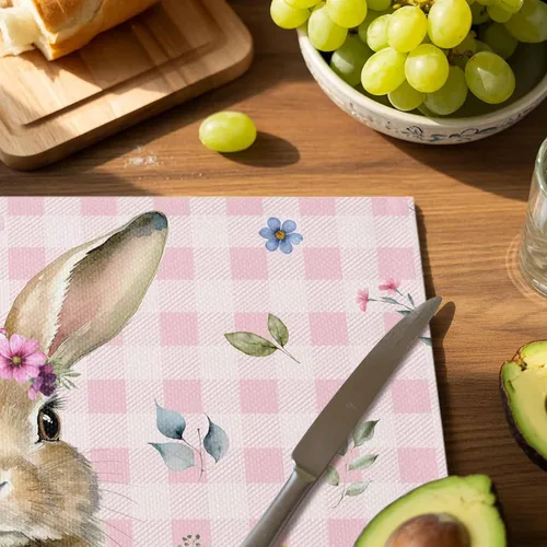 Vista 5 de Juego de 4 manteles individuales de Pascua con diseño de conejo, tela de arpillera tejida lavable para mesa de comedor cuadrada, rectangular