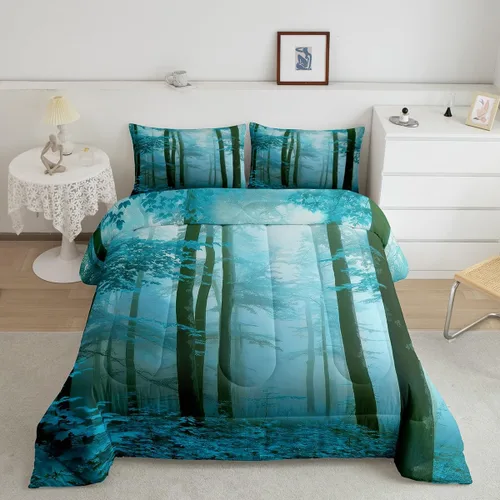 Vista 15 de Erosebridal Juego de ropa de cama con inserto de edredón de árbol brumoso para temporada de otoño, juego de edredón místico con niebla y naturaleza
