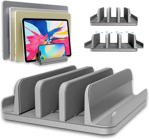 Vista 8 de Soporte ajustable para laptop, 5 ranuras, ahorro de espacio de aluminio, para Apple MacBook/Surface/Galaxy/Tablet/iPad/iPhone, plateado