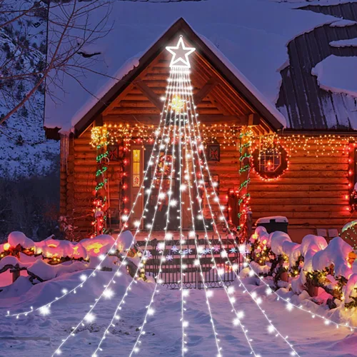 Vista 9 de Luces de Cadena de Estrella de Navidad, 320 Luces LED de Cascada para Árbol con Estrella Superior de 13", 8 Modos de Iluminación para Interiores